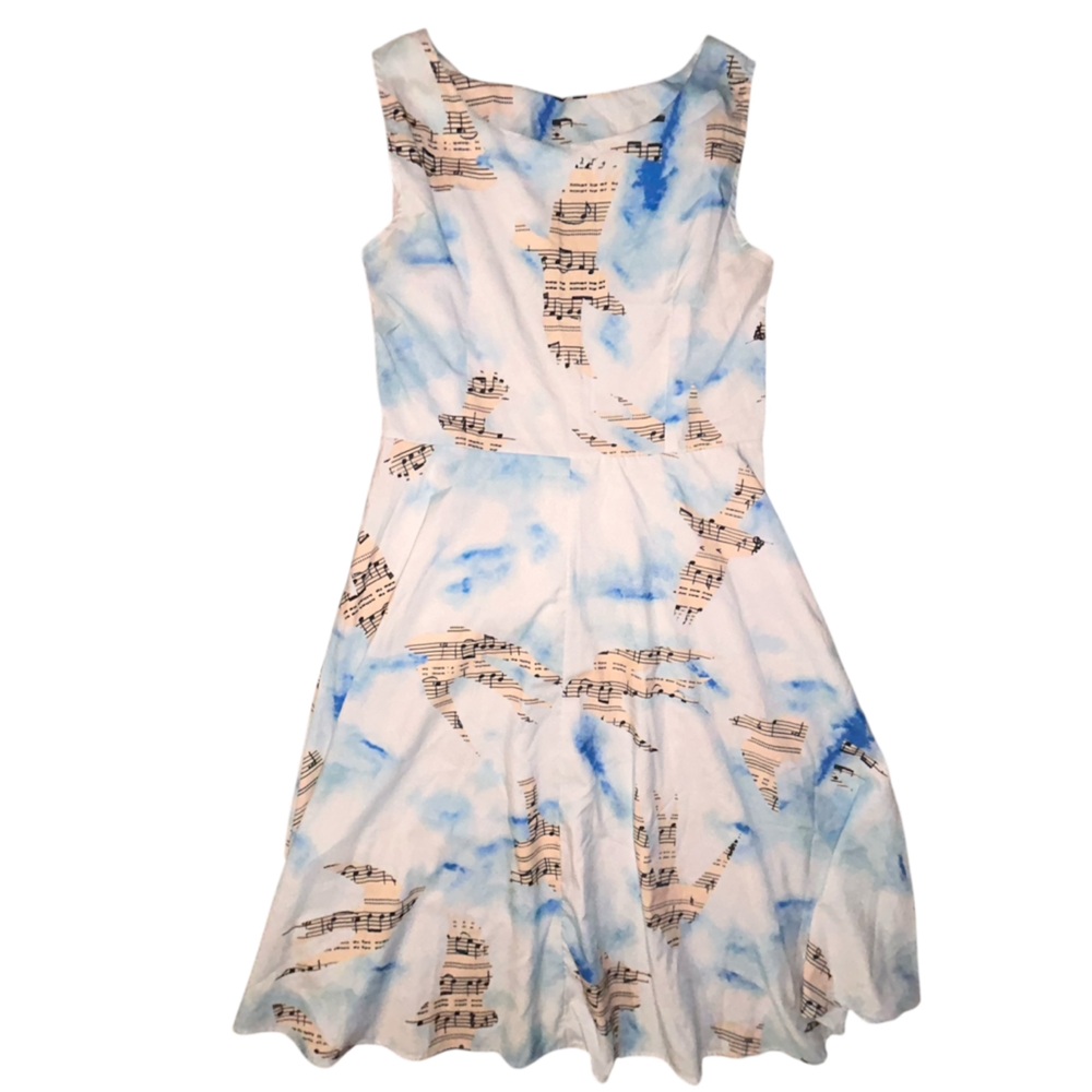Artistic Blue White Bird Musical Note Midi Dress